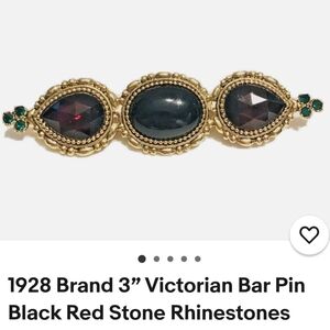 1928 Brand Gold Victorian Bar Pin with Black and Red Stones